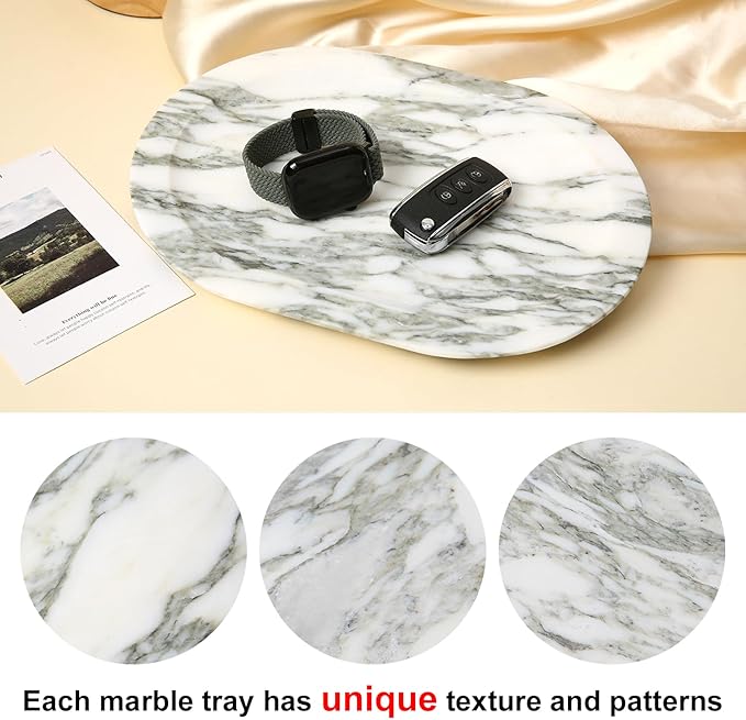 Natural Marble Decorative Tray Bathroom Counter Perfume Organizer Vanity Tray for Home Decor, Jewelry Candle, Coffee Table, Soap Holder Dresser Countertop Accessories 8"x11" Carrara