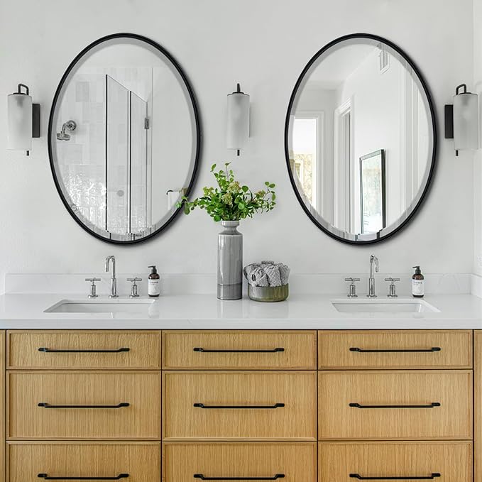 POZINO Oval Bathroom Mirror, 22"x30" Black Beveled Mirrors, Rounded Mirror for Over Sink, Modern Vanity Wall Mirror in Premium Stainless Steel Frame, Wall Mount Hangs Horizontal Or Vertical