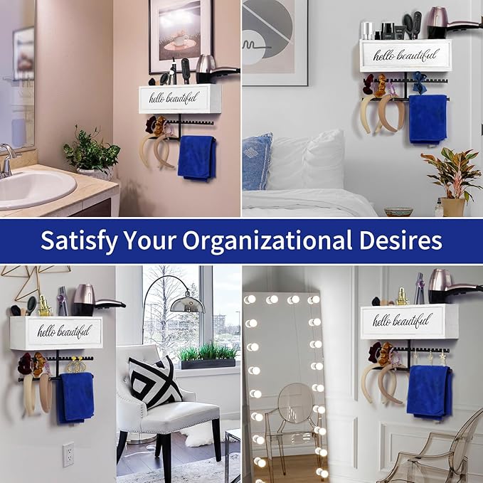 Rustic Hair Dryer Holder Wall Mounted,Hair Styling Tools & Accessories Organizer,Bathroom Supplies & hot Tools vanities Organizer Caddy,for Storage Flat Iron,Blow Dryer,Curling Iron (White)