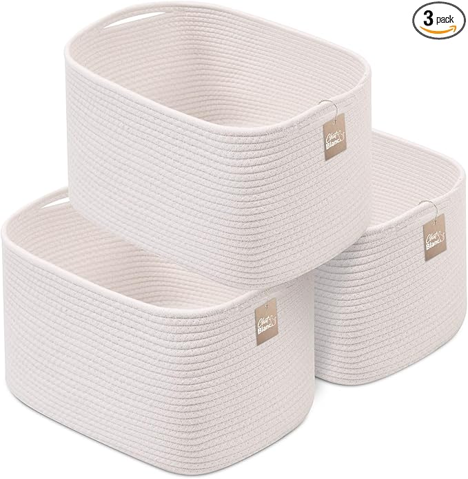 CHAT BLANC Cotton Rope Baskets for Organizing | Storage Baskets for Shelves | Rope Basket for Storage, Small Laundry Baskets, Woven Baskets for Storage, Dog Toy Bin, Baby Basket, Creamy White 3 Pack