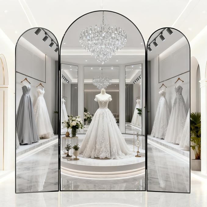 3-Way Full Length Trifold Mirror, 78"x76" Oversized Large Standing Mirror with Aluminum Alloy Thin Frame, for Wedding Dress/Clothing Shop/Closet, Black