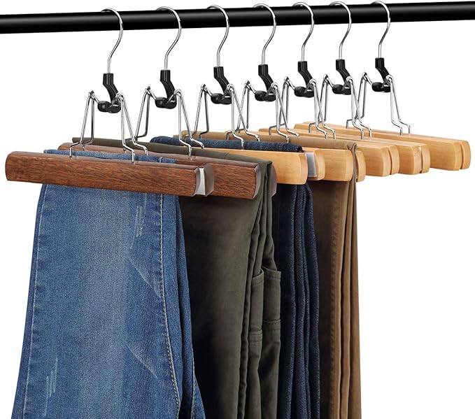 AMKUFO 12 Pack Wooden Pants Hangers with Clips Non Slip Skirt Hangers Walnut Trouser Clamp Hanger Solid Wood Hanger with 360° Swivel Hook