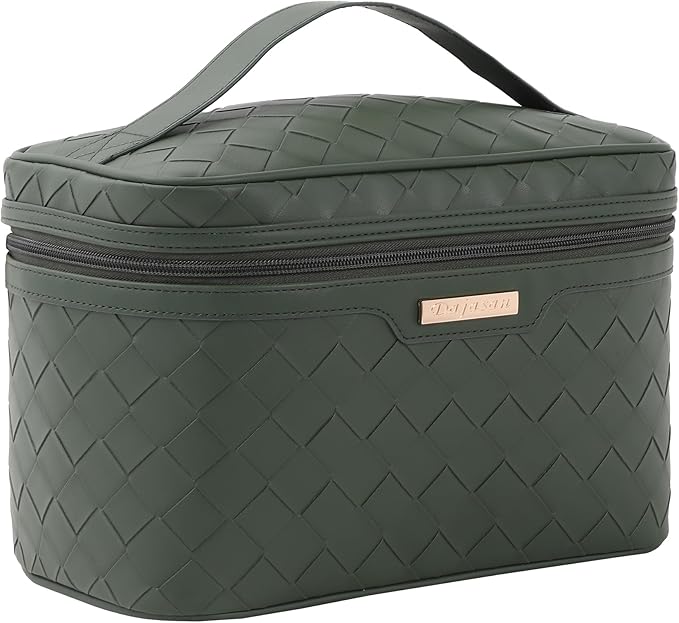 Dajasan Makeup Bag Cosmetic Bag, Travel Makeup Bag, Large Capacity Makeup Organizer Case, Large Toiletry Bag for Women Girls, PU Leather Waterproof 11.81 x 6.7 x 7.09 Inch (Green)