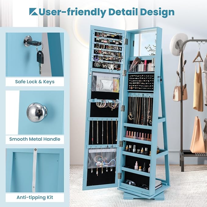 CHARMAID 360° Swivel Jewelry Armoire with Full Length Mirror, Standing Lockable Jewelry Cabinet Organizer, Large Storage Capacity, Inside Makeup Mirror, Back Storage Shelves (Sky Blue)