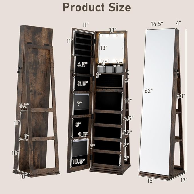 CHARMAID Swivel Jewelry Armoire with Full-Length Mirror & Lighted Makeup Mirror, 360° Rotating Jewelry Cabinet Organizer for Earrings, Rings, Necklaces, Bracelets, Back Storage Shelves (Rustic Brown)
