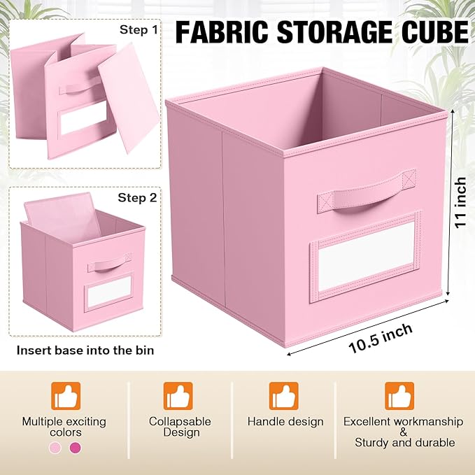 10 Pcs Fabric Storage Cubes with Labels 11 Inch Collapsible Cube Organizer Baskets with Window Cards for Shelf Nursery Clothes Book Toys Storage Bin(Pink, Rose Red)