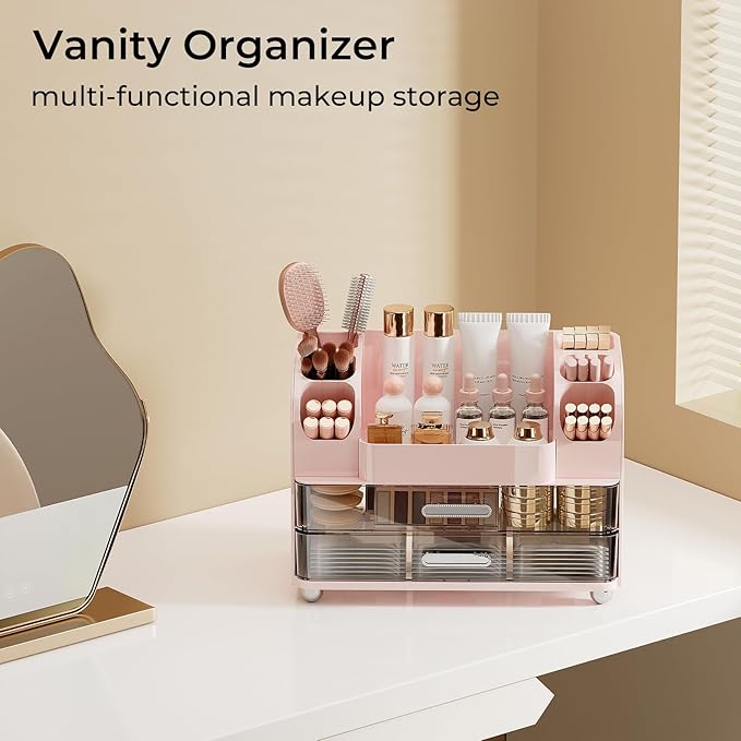 Makeup Organizer for Vanity with 2 Large Drawers, Cosmetic Display Case with Brush Holders, Easy to Storage for Bathroom Countertop Skincare, Desk Office Supplies, Pink
