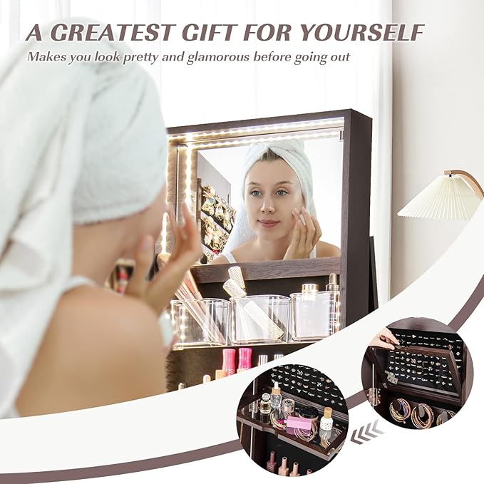 GOFLAME 360° Rotating Jewelry Cabinet with Full-Length Mirror, Freestanding Jewelry Armoire with 3-Color LED Light and Back Storage Shelf, Lockable Jewelry Organizer for Bedroom Cloakroom, Espresso