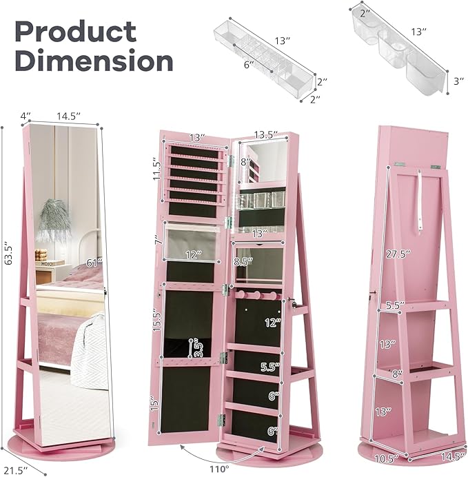 CHARMAID 360° Swivel Jewelry Armoire with Full Length Mirror, Rear Storage Shelves, Lockable Standing Jewelry Cabinet Organizer with Interior Vanity Mirror and 3-Color Lights (Pink)