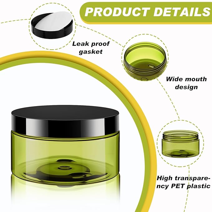 Dandat 24 Pcs 8 oz Plastic Jar Container with Lid and Label Refillable Empty Round Green Pet Cosmetic Sample Slime Containers for Lotion, Cream, Ointments, Body Butter, Makeup, Travel Storage