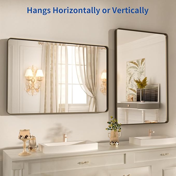 WEER 20x30 Inch Bronze Bathroom Mirror for Vanity, Brushed Bronze Metal Frame Mirror for Wall, Rounded Rectangle Bronze Frame Mirror with Tempered Glass, Anti-Rust (Horizontal/Vertical)