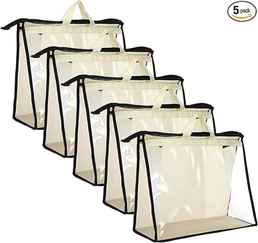 5 PCS Hanging Handbag Storage Organizer Non-Woven Transparent Dust-proof Homewares Purse Wallet Closet Storage Bag with Zipper and Handle (XL) ﻿