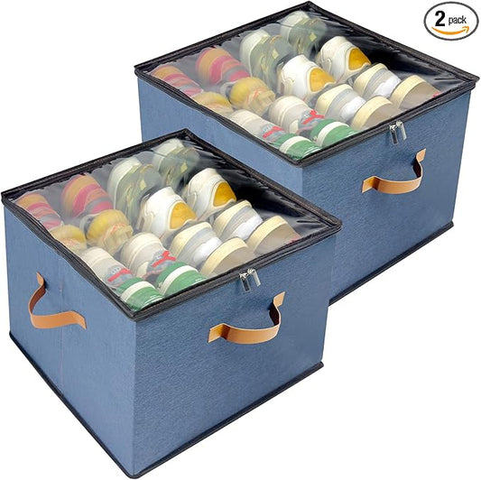 2-Pack Shoe Storage Organizer for Closet - Large Capacity Fits 16-32 Pairs, Clear Cover with Reinforced Handles, Adjustable Dividers, Dustproof Stackable Containers, Navy Blue