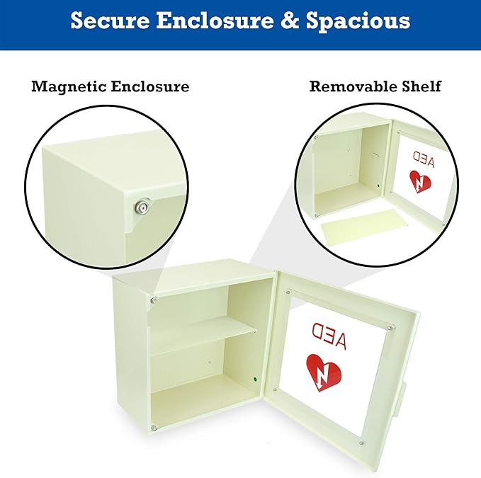 Levida AED Cabinet Wall Mount - Steel AED Defibrillator Storage Case with Clear Window Fits Univeral AEDs - First Aid Defibrillator Cabinet for Schools, Offices, Public Places (14.1 x 7" x 13.75")