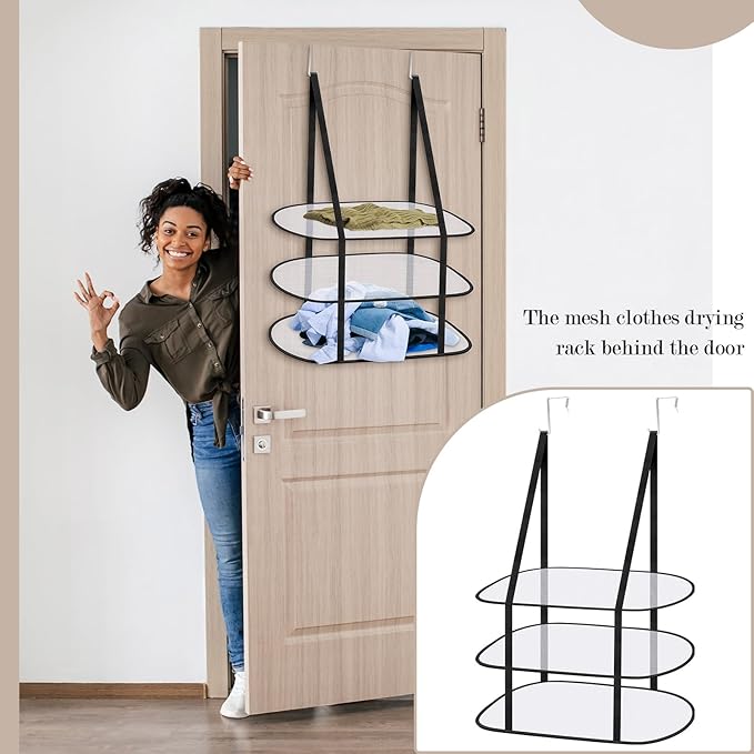 2 Pack 3 Tier Over The Door Folding Drying Rack Sweater Drying Rack 26.5" x 34.5" Flat Room Organization Dryer Racks for Laundry Perfect for Small Spaces Apartments Dorm Rooms and Bathrooms (Black)