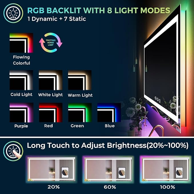 60x40 Inch RGB LED Bathroom Mirror Front Light and RGB Backlit Lighted Vanity Mirror for Bathroom Wall Mounted Dimmable Anti Fog Memory Shatter-Proof IP54 Waterproof Horizontal/Vertical