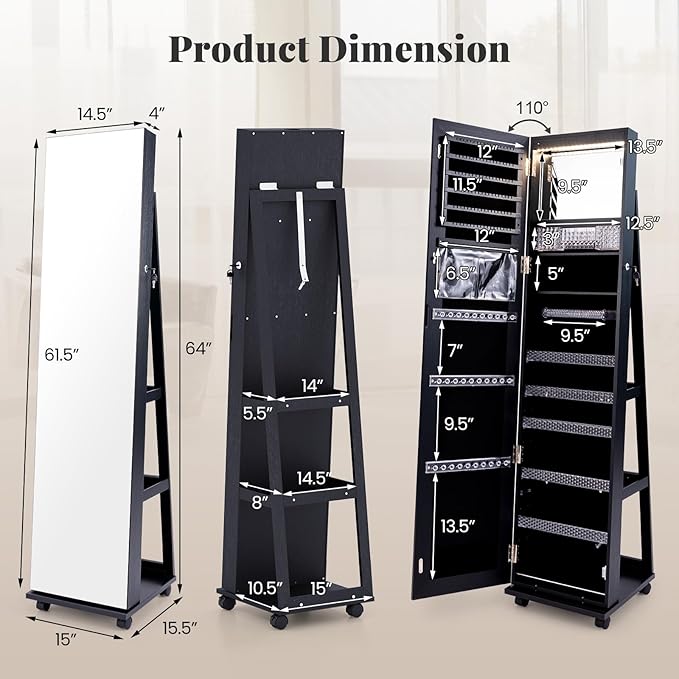GOFLAME Jewelry Cabinet with Full Length Mirror, Lockable Jewelry Storage Organizer with Wheels, 3-Color LED Lights, Inner Mirror, Freestanding Jewelry Armoire with Rear Storage Shelves, Black