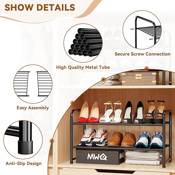 2 Tier Shoe Rack for Closet, Metal Wire, Stackble, Black