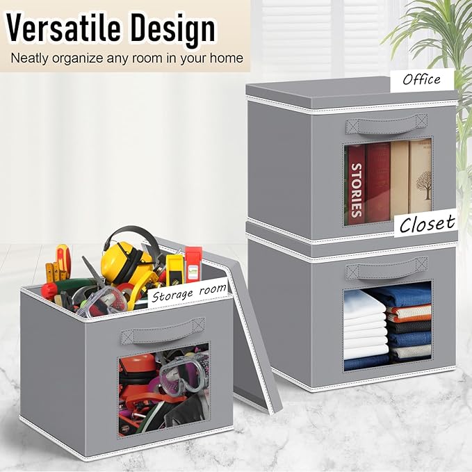 10 Pcs Fabric Storage Cube with Lid 11x11 Inch Fabric Storage Bins with Window Handle Collapsible Cube Organizer Basket for Shelves Closet Bedroom Office Clothes Book Stuffs (Light Gray)