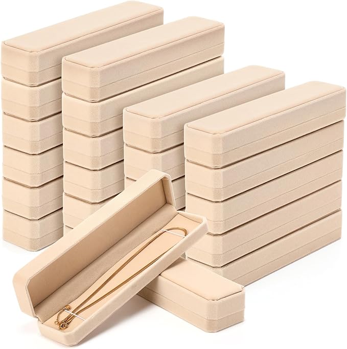 Batiyeer 24 Pcs Velvet Bracelet Box Bulk Jewelry Chain Necklace Box Bracelet Storage Case Long Jewelry Case for Valentine Wedding Pendant Display, 8.86 x 2.13 x 1.38 Inch(Beige)