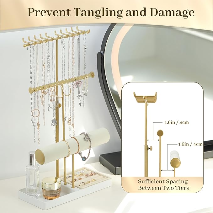 Tirzah 3-Tier Adjustable Jewelry Holder Organizer Stand with 20 Necklace Hooks, 18 Earring Holes and Notches, Bracelet Holder, 6 Ring Rolls, Jewelry Tray for Girls, Women