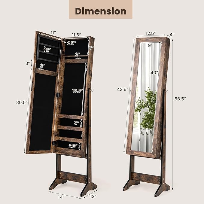 GOFLAME Jewelry Cabinet, Jewelry Organizer with Full Length Mirror Door, Standing Makeup Mirror Cabinet, Freestanding Jewelry Organizer with Large Storage Capacity (Rustic Brown)