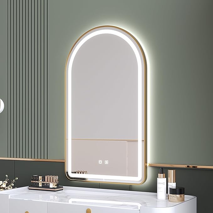 30x40 inch Gold Tempered Glass LED Arched Mirror for Bathroom Vanity Mirror or Wall Decor Arch Mirror Brushed Metal Frame Wall Mounted Mirror for Bathroom
