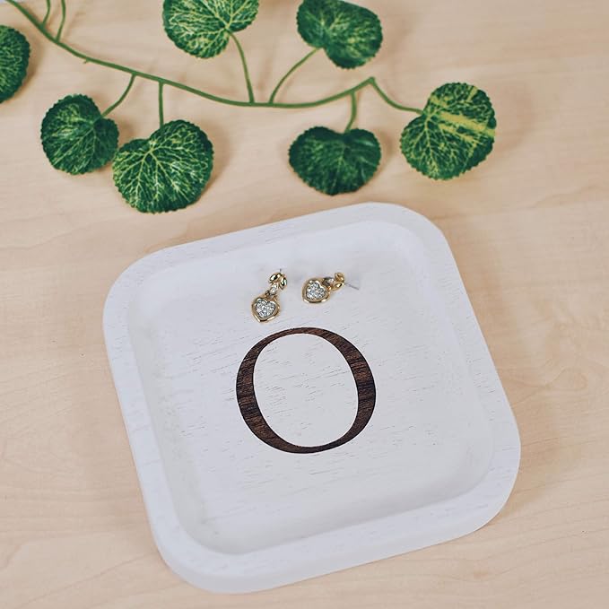 I'm Wooden Personalized Letter Catchall Valet Tray Trinket Dish Jewelry Tray Key Bowl Decorative Plate Organizing Ring Earrings Necklaces Bracelet Watch Coins Wallet Holder (6"x6" Sq White O)