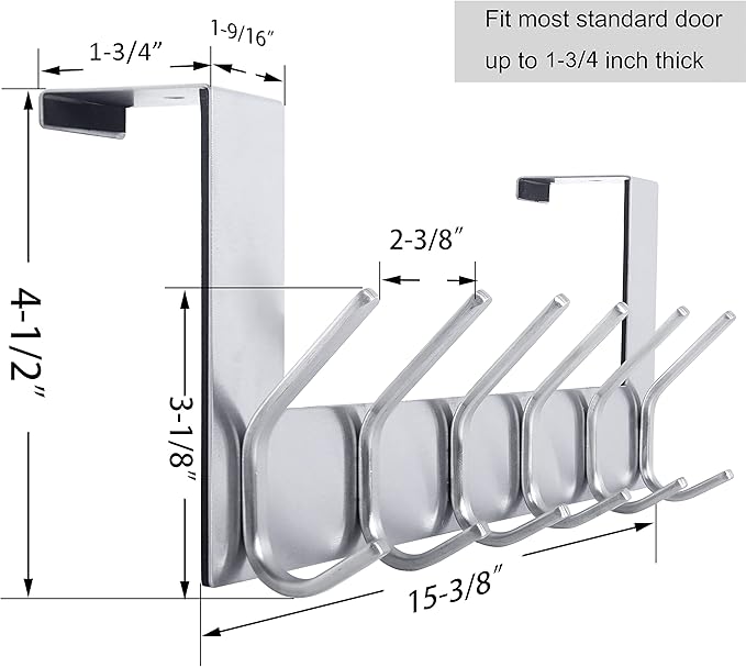 WEBI Over The Door Hook Door Hanger:Over The Door Towel Rack with 6 Hooks for Hanging Coats,Door Coat Hanger Towel Hanger Over Door Coat Rack for Towels,Clothes,Back of Bathroom,Silver
