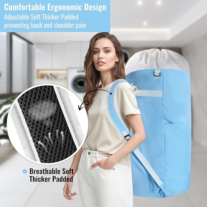 Laundry Bag Backpack, 125L Extra Large Laundry Backpack with Shoulder Straps, Adjustable Extendable Laundry Hamper Bag with 3 Pockets for College, Travel, Camping (Light Blue)