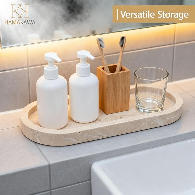 Bathroom Vanity Tray, Natural Marble Oval Sink Tray 10 inch, Beige Travertine Vanity Tray for Soap Dispenser Modern Countertop Organizer for Kitchen Countertops, Home Decor