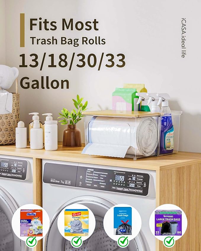 Trash Bag Dispenser Under Sink Organizer - 2 in 1 Trash Bag Holder Plastic Garbage Bags Dispenser Pods Container with Bamboo Lid, Pantry Organizers and Storage Kitchen Laundry Room Organization