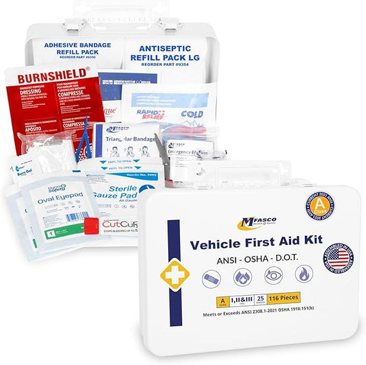 MFASCO Vehicle First Aid Kit - DOT/ANSI/OSHA Compliant - Metal - Portable & Mountable - Waterproof - First Aid Kits for Businesses, Construction, Commercial Vehicles, Workplaces - 115 Pcs