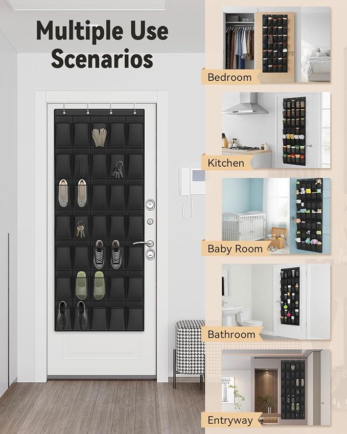 dodowin Over the Door Shoe Organizers, 2 Pack - 35 Deep Mesh Pockets Each, Over The Door Shoe Rack with 4 Metal Hooks Each, Space Saving Hanging Storage Holder for Closets, Shoes & Accessories, Black