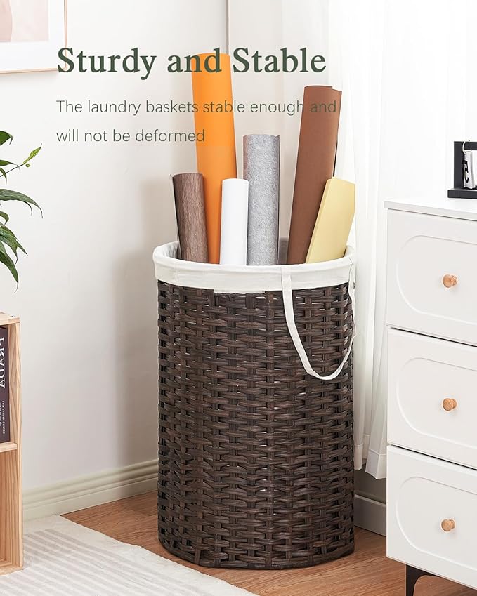 34.3 Gal (130 L) Large Laundry Hamper Laundry Basket Round Handwoven Wicker Laundry Baskets Rattan Laundry Basket with Removable Bag Handles 2 Mesh Bags for Living Room Bedroom Brown (No Lid)