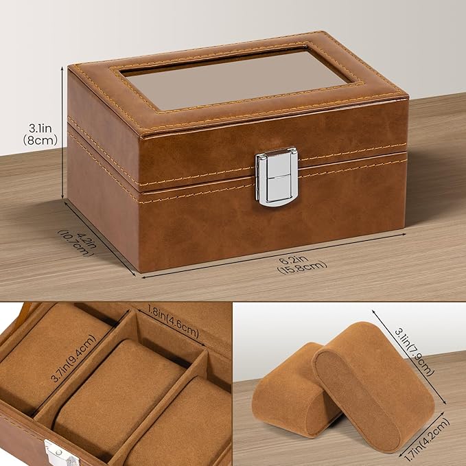 Uten 3-Slot Watch Box, PU Leather Watch Case with Glass Lid, Watch Holder Organizer with Soft Pillow and Velvet Lining, Watch and Jewelry Storage Box, Brown