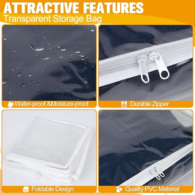 Plastic Storage Bags with Easy-Glide Zipper, Pack of 6, Durable Clear Vinyl Zippered Storage Bags for Clothes Sweaters Comforters Blankets Sheets Bedding (15.7 x 13.8 x 2.5 Inch)