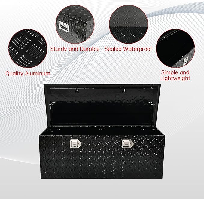 48''Inch Aluminum Truck Tool Box Truck Bed Toolbox Truck Trailer Chest Box Trailer Underbody Storage Organizer Waterproof Square Storage Organizer w/Lock & Keys Black(‎48" x19.5''x17.5'')
