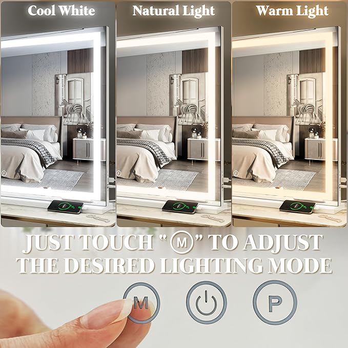 FENNIO Large Vanity Mirror with Lights，40" x 28"Makeup Mirror with Lights，Hollywood Mirror with 3 Color Modes & Adjustable Brightness，Vanity Mirror Square White
