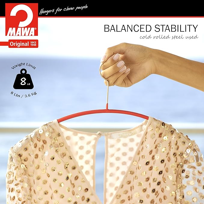 Mawa Narrow Petite Clothing Hangers, Steel Hanger with Non-Slip Coating, for Shirts, Blouses, Dresses, Light Jackets, 360-degree Rotatable Hook, Set of 10, Red