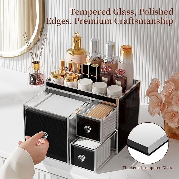 Multifunctional Face Towel Holder with 3 Drawers – Tempered Glass Cotton Pad & Swab Organizer – Disposable Face Towel Holder for Bathroom Vanity