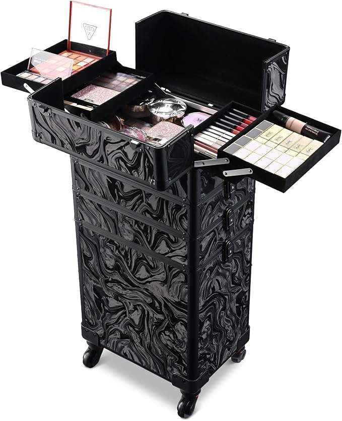 BYOOTIQUE Rolling Makeup Train Case on Wheels 3-Piece Cosmetology Organizer Kit Trolley Organizer Lockable Salon Hairstylist Traveling Cart bag for Nail Slon Esthetician,CTB Black