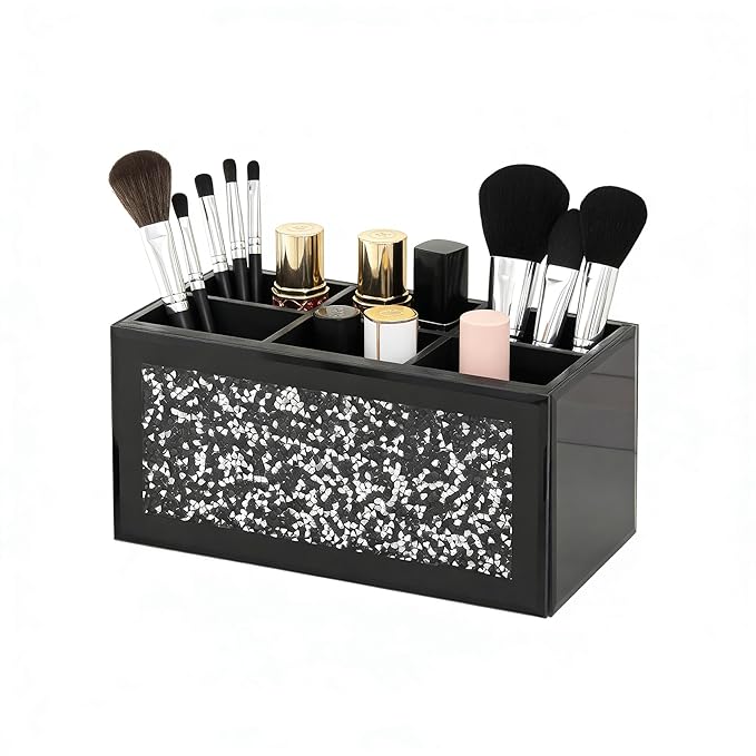 SHYFOY Black Makeup Brush Holder Organizer, 6 Slots Glass Makeup Cosmetics Organizers and Storage for Vanity Countertop