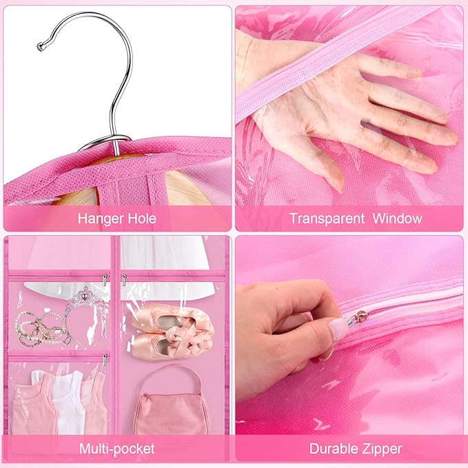Geelin 14 Pcs Garment Bags for Dance Costumes PVC Clear with Zippers 20 x 40 Inch Garment Bag with Pockets Dance Costume Organizer Carrier for Storage Cover for Adult(Pink)