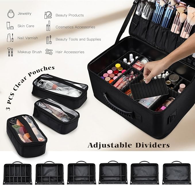 Costravio Makeup Bag Organizer Large Makeup Case Backpack Professional 2 Layers Cosmetic Storage Organizer Brush Slot with 3 Clear Set Bags for Makeup Artists with Shoulder Strap Adjustable Dividers