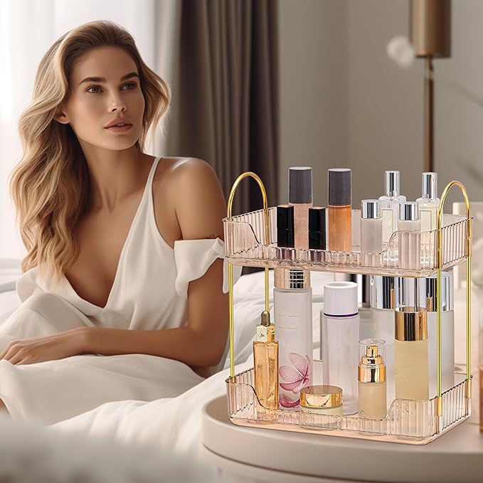 YCIA&DONE Bathroom Organizer Countertop, Makeup Storage, Skincare Cosmetic Tray Shelf, Perfume Holder Rack for Vanity Counter, Large Capacity, Easy to Install, Clean, 2 Tiers, Amber Gold