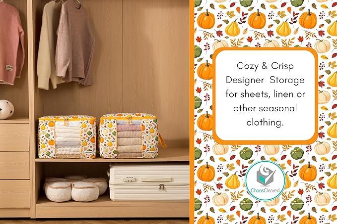 Canvas Storage Bags Designer Organizer 2 Pack – Seasonal Storage for Sweaters, Blankets, Linens & Garments – Foldable Design with Zip & Window, Moth-Proof Space Saver, Pumpkin Print