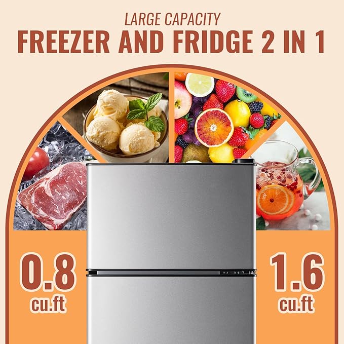 2.4 Cu.ft Mini Fridge with Double Doors Silver Small Refrigerator with Separate Freezer & 7 Adjustable Temperature Control, Tiny Size & Personal Fridge Ideal for Office Apartment Dorm