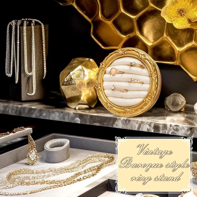 Vintage Ring Holder Round Gold Ring Wedding Display Suede Jewelry Box Stand Frame Earring Tray Anniversary Engagement Baroque Organizer Photograph Prop for Women Birthday Christmas Gift