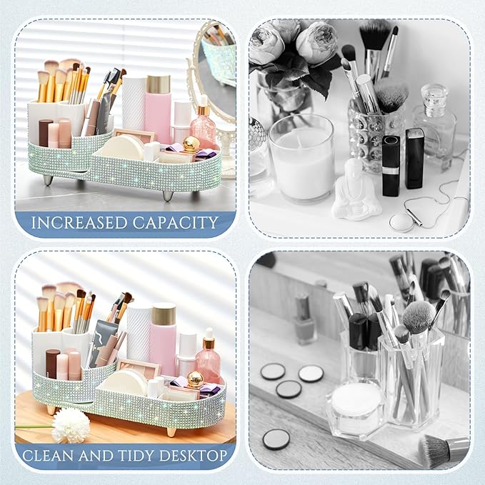 Teen Girls Women Gift 360 Rotating Bling Makeup Organizer Large Rhinestone Diamond Bathroom Organizer Girly Skin Care Brush Holder for Countertop,Bathroom Essentials (Silver,Rhinestone)